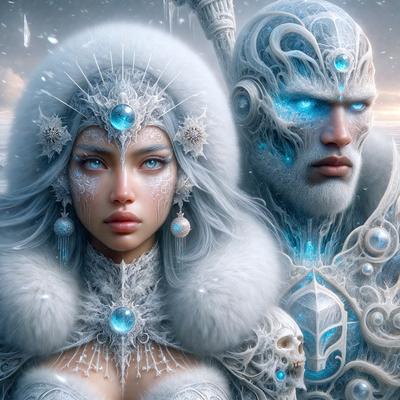 The primary subject of the image is a woman with a white fur coat and a blue headband. She is wearing a necklace and has blue eyes. The setting is a snowy environment, with the woman standing next to a man who is also wearing a white fur coat. The visual style is digital art, and the colors and mood are cold and icy, with the blue eyes and white fur adding to the chilly atmosphere.